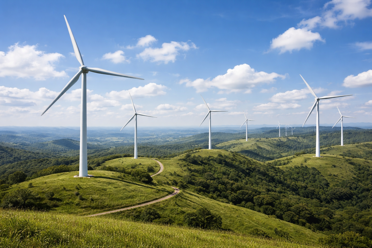 Wind turbines on green rolling hills